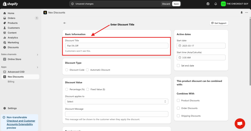 Setting up discount title in Shopify discount code app for collections