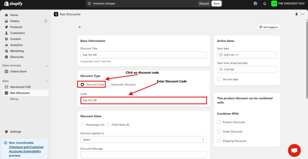 Selecting discount code type in Shopify discount code app