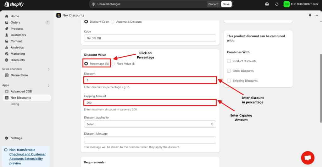 Applying 5% cap limit using Shopify discount code app
