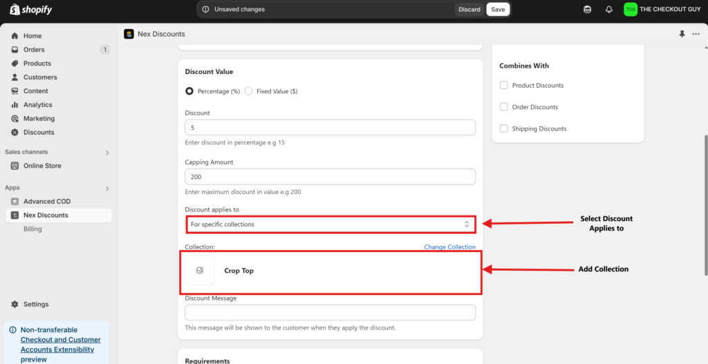 Targeting specific collection for discount in Shopify discount code app