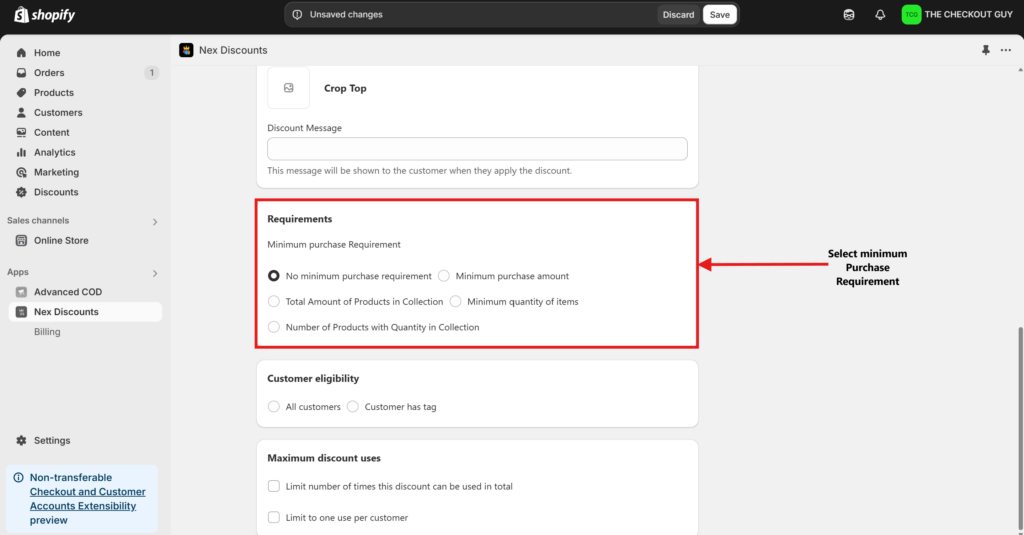 Setting minimum purchase conditions in Shopify discount code app