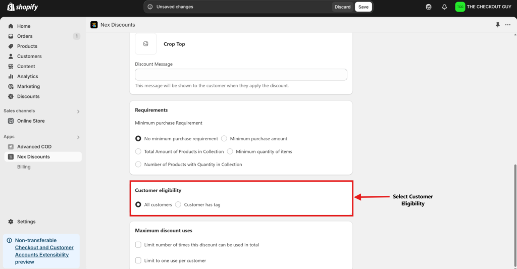 Defining eligible customers in Shopify discount code app