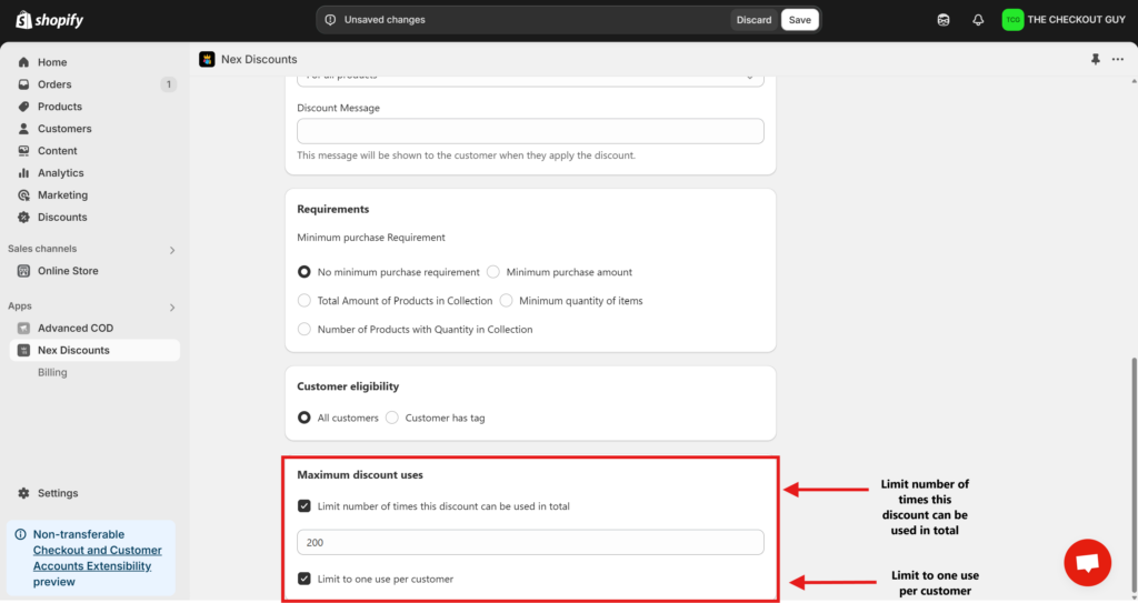 Limiting discount code usage in Shopify discount code app