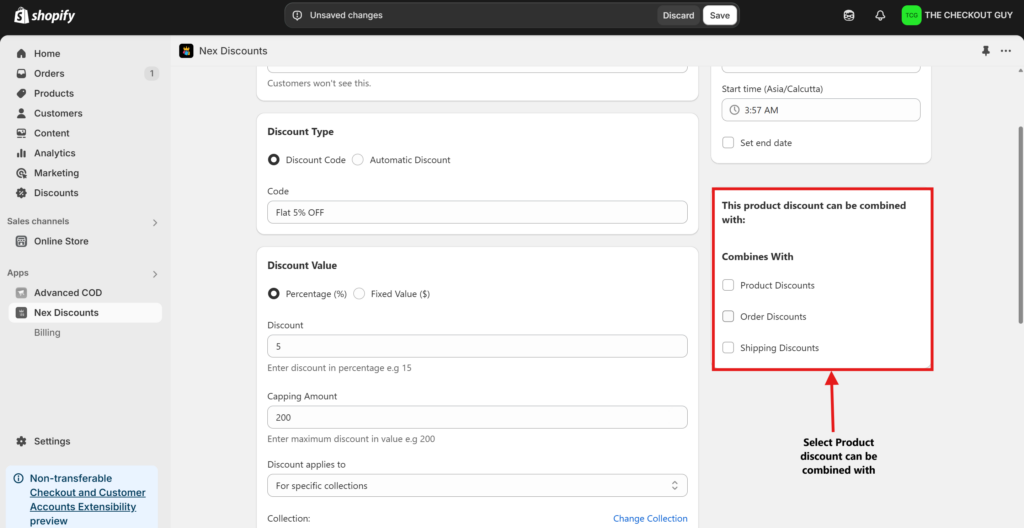 Configuring stacking options in Shopify discount code app
