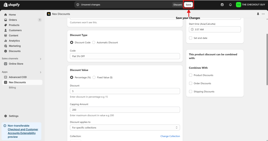Saving capped discount code setup in Shopify discount code app
