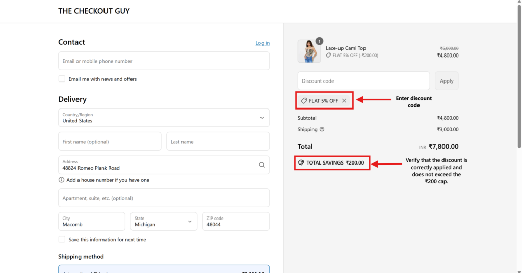 Testing Shopify discount code app with eligible collection product