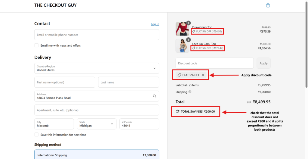 Verifying ₹200 cap using Shopify discount code app