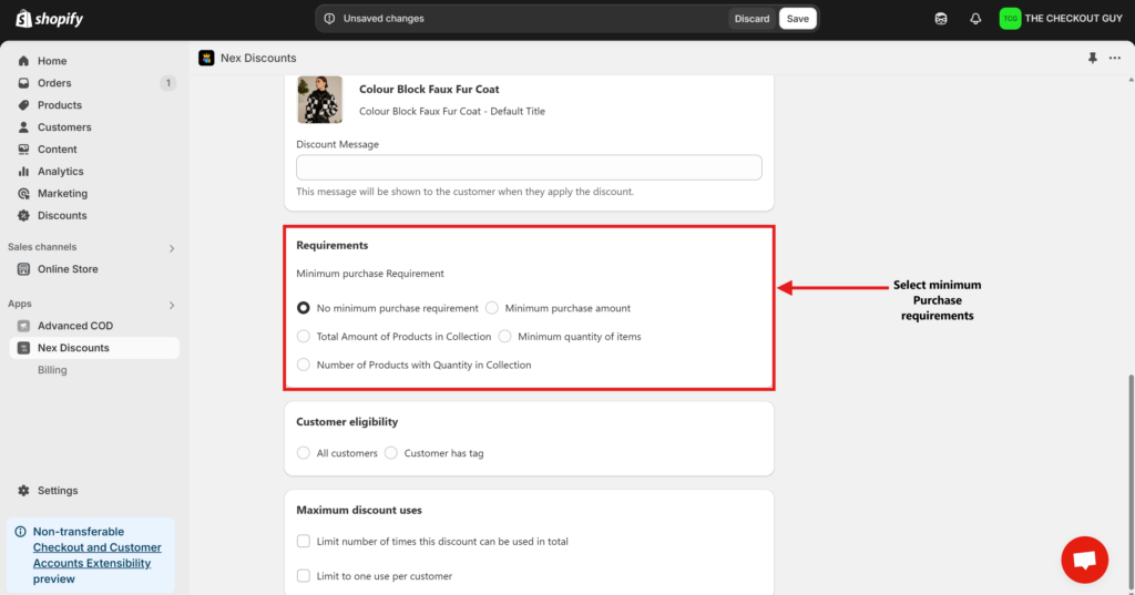 Configuring minimum requirements for Shopify discount on specific products