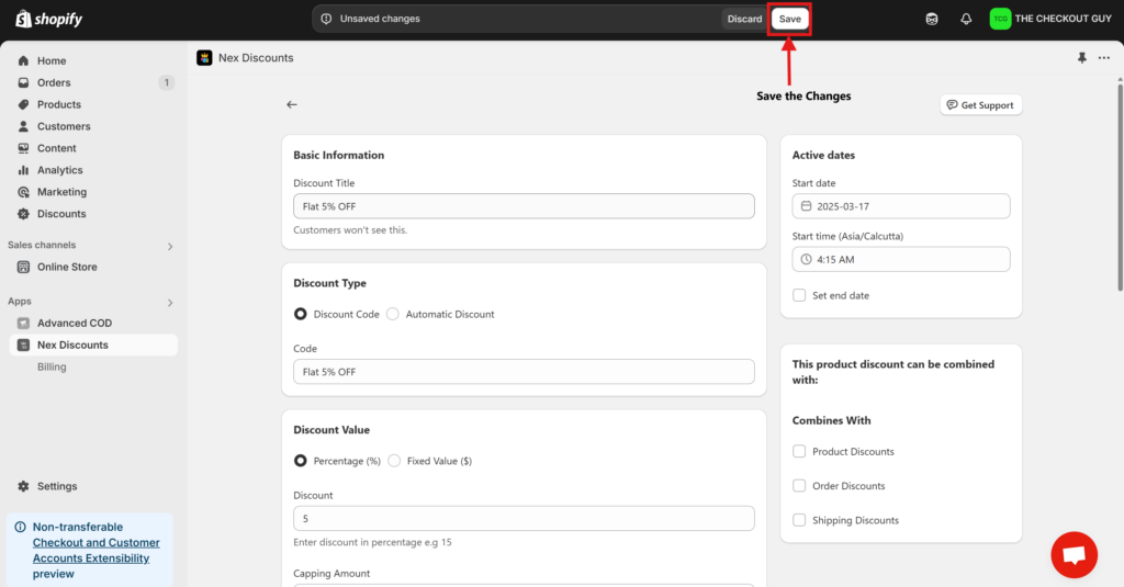 Saving and activating Shopify discount on specific products with cap
