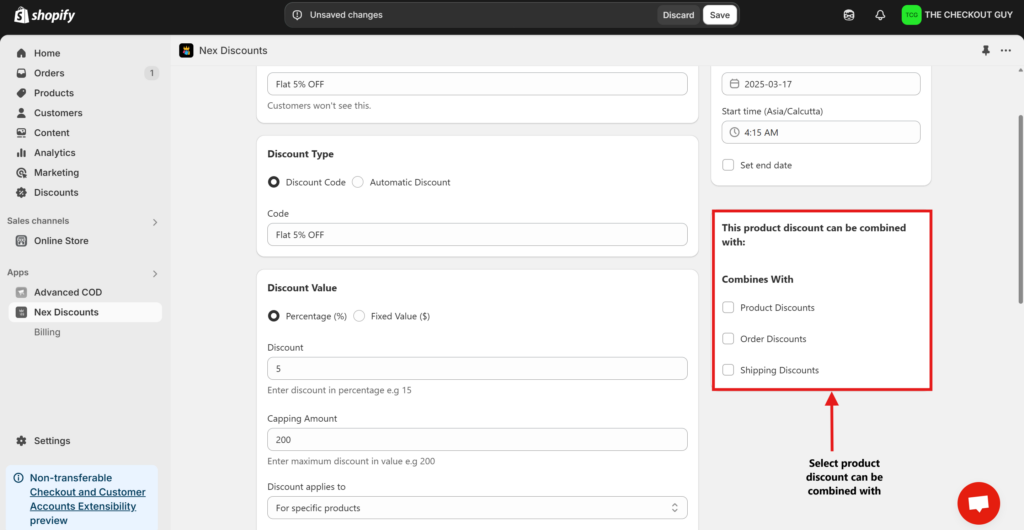 Configuring stacking rules for Shopify discount on specific products