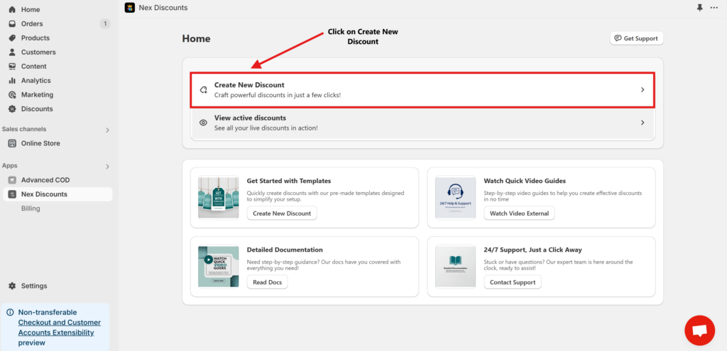 Shopify dashboard showing how to create a new Shopify discount using the Nex Discounts app by clicking on the 'Create New Discount' button.