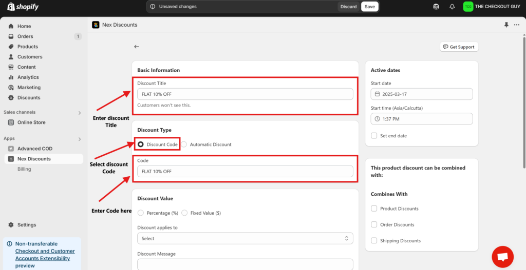 Shopify discount setup screen in the Nex Discounts app showing how to enter a discount title, select discount code type, and apply a 10% off offer.