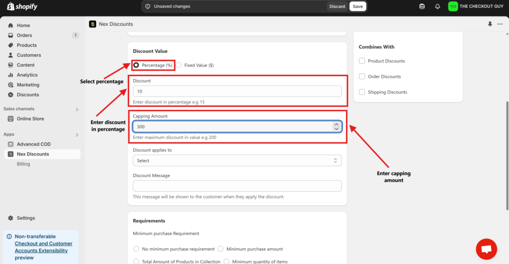 Shopify discount configuration screen showing how to set a 10% discount and cap it at ₹300 using the Nex Discounts app interface.