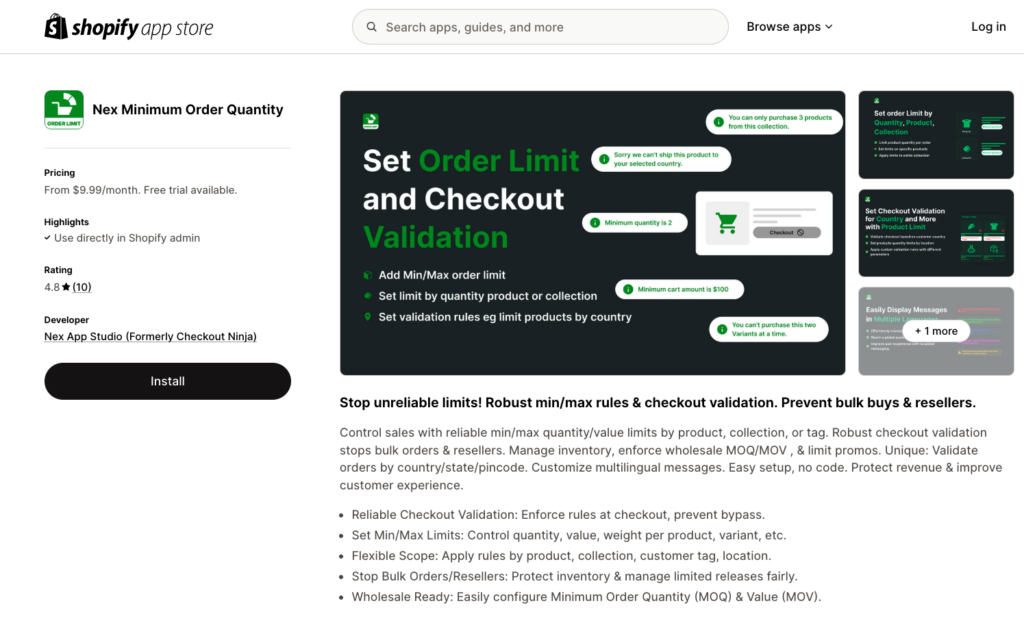 Shopify app listing for Nex Minimum Order Quantity showing features like setting Minimum Order Value, quantity limits, and checkout validation to prevent bulk orders and resellers.