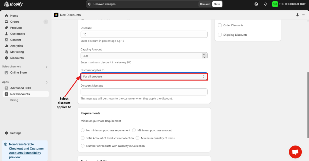 Shopify discount settings screen showing how to apply a capped 10% discount to all products using the Nex Discounts app.
