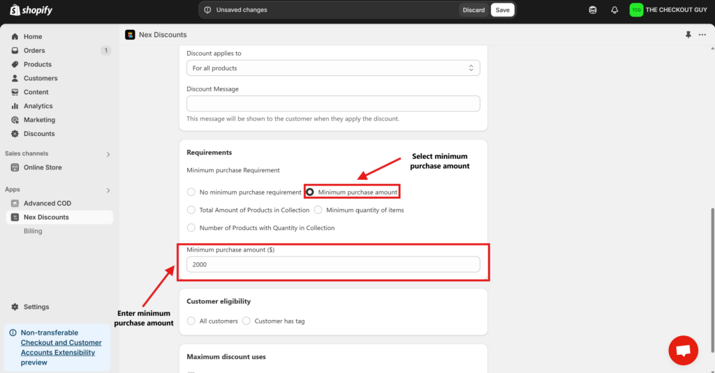 Shopify discount setup showing how to select a minimum purchase amount of ₹2,000 using the Nex Discounts app for conditional discount eligibility.