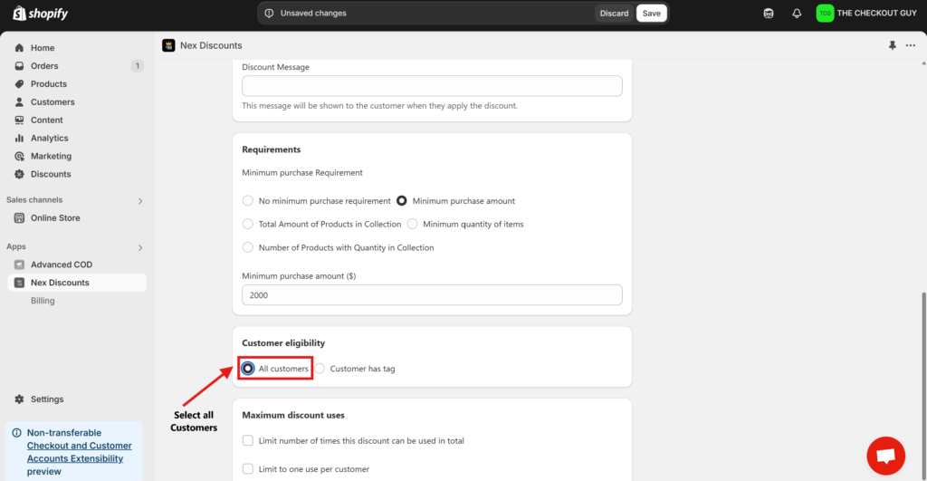 Shopify discount configuration screen showing how to set customer eligibility to “All customers” using the Nex Discounts app.
