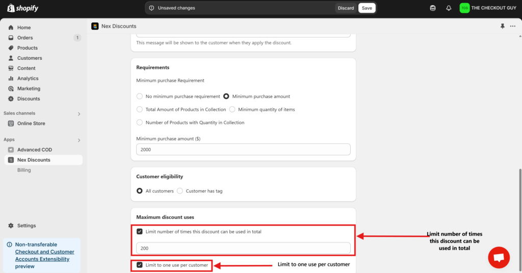 Shopify discount settings showing how to limit discount usage—set a total use limit and restrict to one use per customer in the Nex Discounts app.