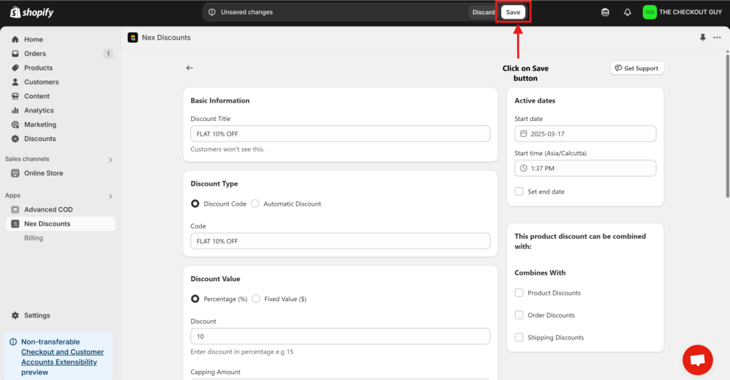 Shopify discount creation screen in the Nex Discounts app showing how to finalize the discount setup by clicking the Save button.