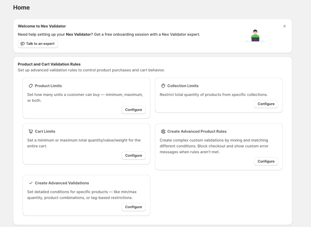 Nex Validator dashboard in Shopify showing options to configure Product Limits, Collection Limits, Cart Limits, and advanced rules for enforcing Minimum Order Value and purchase restrictions.