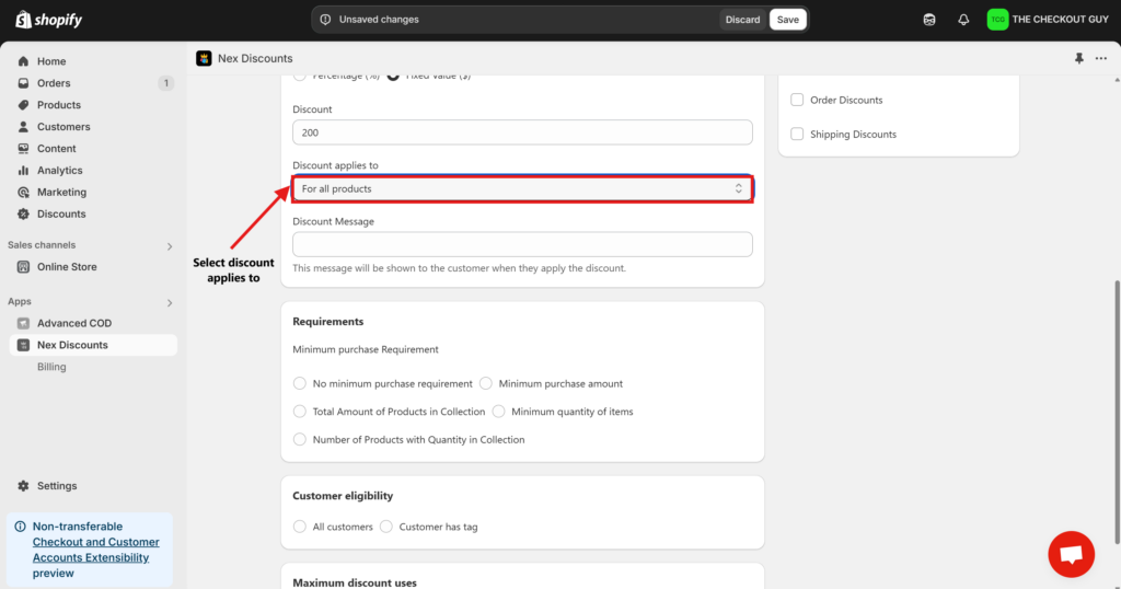Choosing the Eligible products for shopify discount from the Nex app  