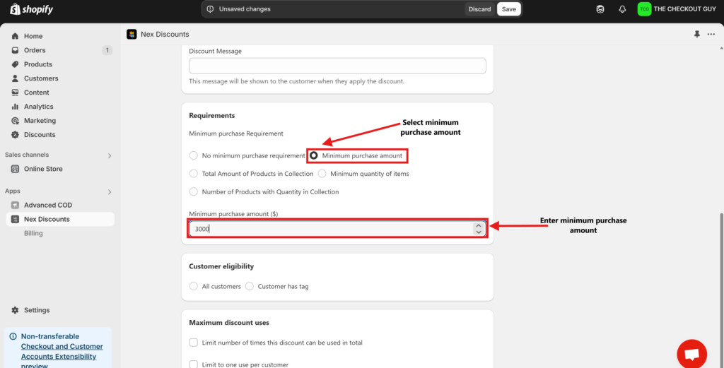 setting minium purchase amount in the nex discount cap and limit app