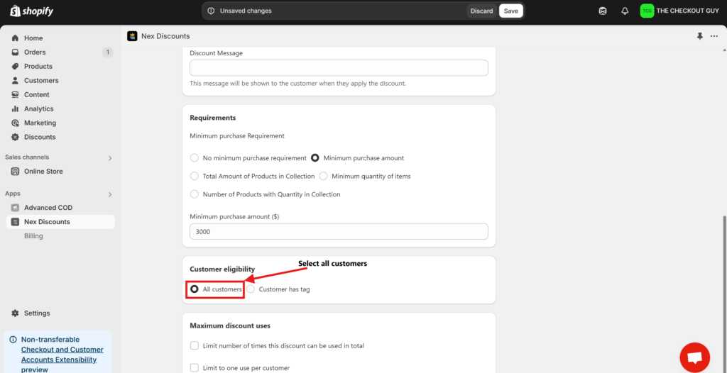 Selecting the customers who should get the discount from the Nex Discount Cap and Limit app