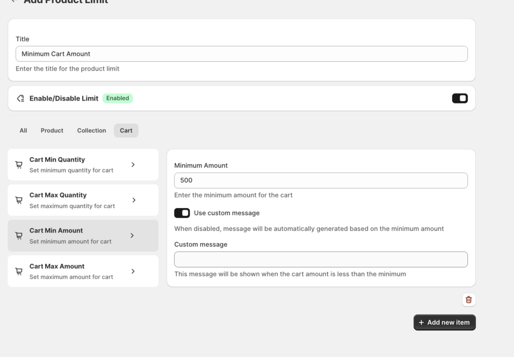Shopify Nex app showing cart settings with a Minimum Cart Amount of ₹500, allowing merchants to enforce a Minimum Order Value and display custom messages at checkout.